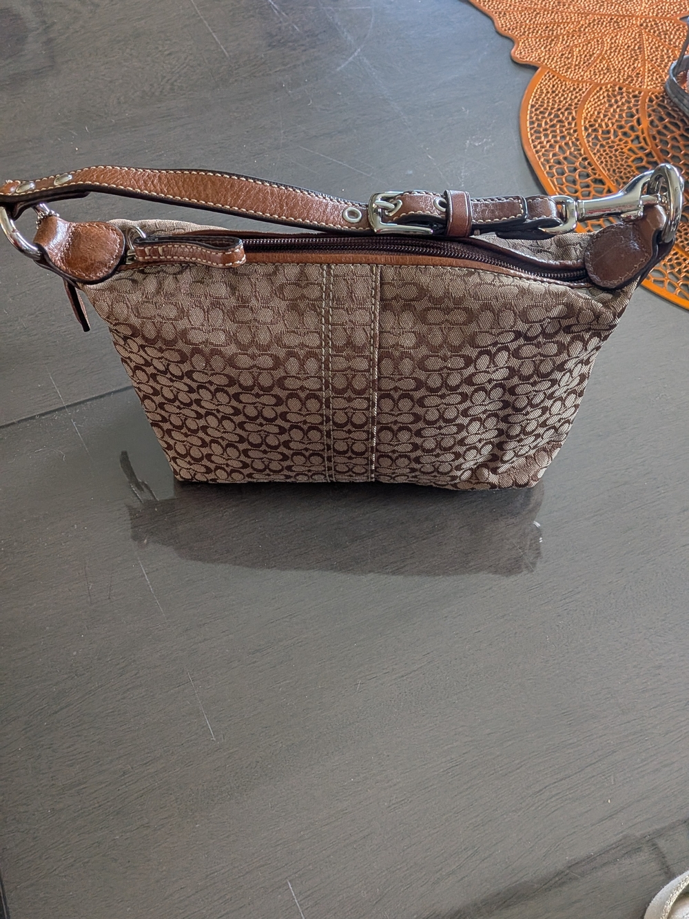 Coach Brown Signature Monogram Shoulder Bag with Leather Trim